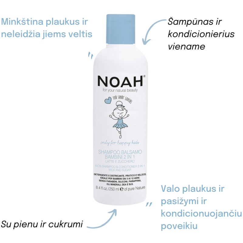 Kids 2in1 Shampoo & Conditioner Šampoon ja palsam piima ja suhkruga lastele, 250 ml