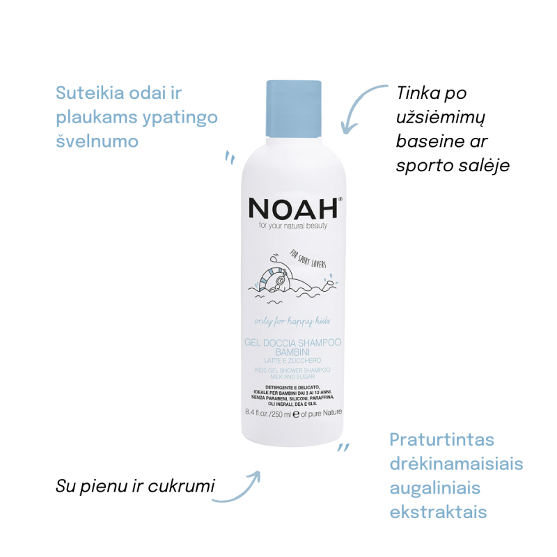 Kids Gel Shower Shampoo Dušigeel ja šampoon piima ja suhkruga lastele, 250 ml
